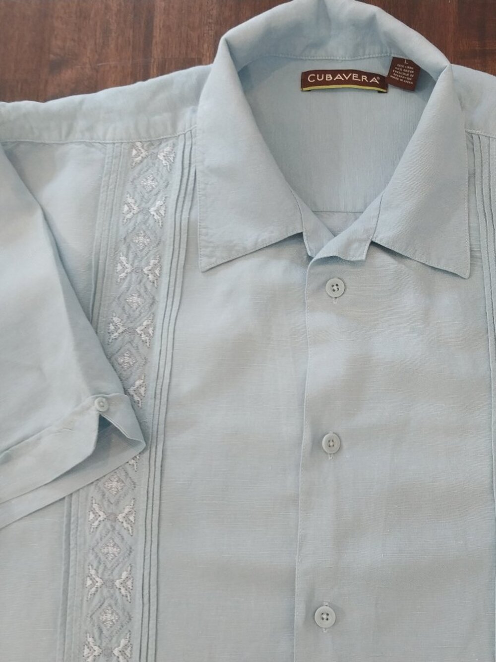 Cubavera Shirt Guayabera Men Large Light Blue Button Up Short Sleeve Linen Rayon